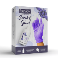 A Footlogix value pack with an exfoliating seaweed scrub and purple exfoliating mitt on the side of the box